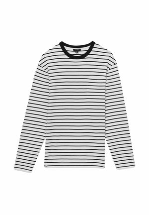 Langärmliges, Rundhals-Shirt in Weiß mit schwarzen horizontalen Streifen. Verfügt über eine linke Brusttasche und einen schwarzen Halsausschnitt. Glatte Stofftextur.