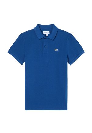 Polo azzurra a maniche corte con colletto abbottonato e piccolo logo verde di coccodrillo sul petto a sinistra.