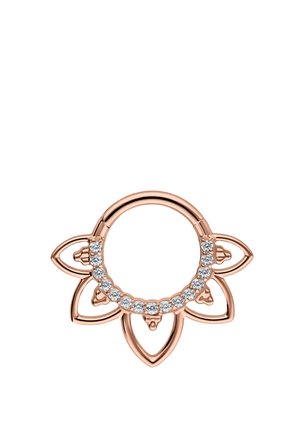 Rose gold circular ring with petal-shaped accents and a row of small clear gemstones on the front half of the ring.