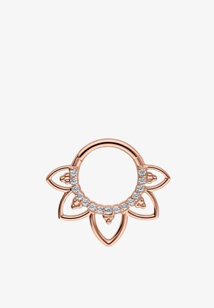 Runder Ring aus Roségold mit blattförmigen Akzenten und einer Reihe kleiner klarer Edelsteine auf der Vorderseite des Rings.