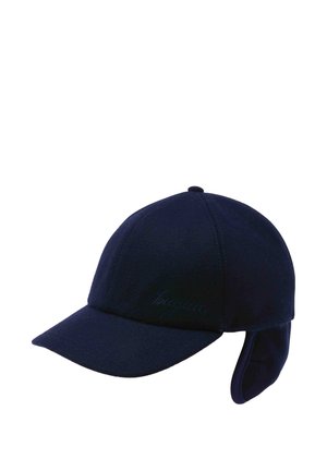 Navy blue baseball cap with ear flaps, curved brim, and subtle embroidered logo on the side.