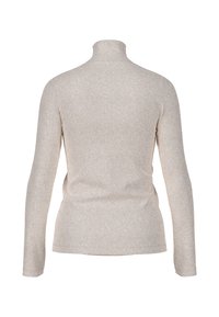 Beige Rollkragenpullover mit langen Ärmeln aus strukturiertem Strickstoff. Einfaches Design ohne sichtbare Muster oder Akzente.