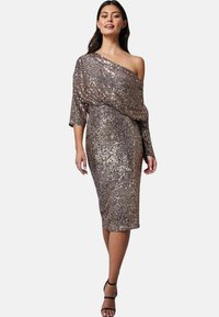 Goddiva GODDIVA SEQUIN COWL NECK MIDI DRESS różowozłoty