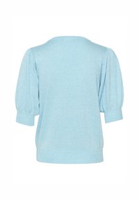Light blue knitted sweater featuring a crew neckline, short puff sleeves, and a relaxed fit with ribbed cuffs and hem.