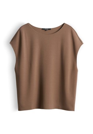 Haut marron sans manches pour femme avec larges épaules et encolure ronde, posé à plat sur fond blanc.