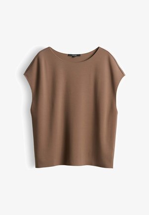 Braunes ärmelloses Damenoberteil mit breiten Schultern und rundem Ausschnitt, flach auf weißem Hintergrund liegend.