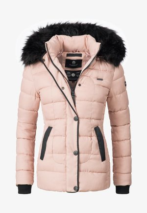 Veste matelassée rose avec capuche en fausse fourrure noire, fermeture éclair à l'avant, et accents noirs sur les poches et les poignets. Légère et résistante à l'eau.