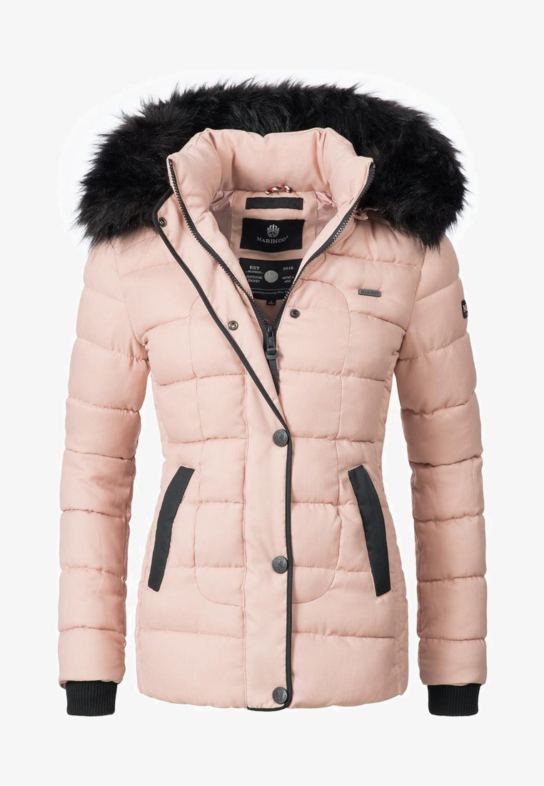 Pink quilted puffer jacket with a black faux fur hood, front zip closure, and black accents on pockets and cuffs. Lightweight and water-resistant.