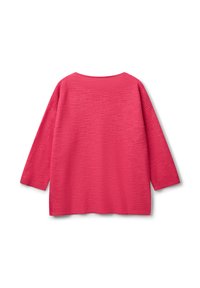 Langärmliges Oberteil in leuchtendem Pink, mit strukturiertem Rippdesign, runder Halslinie und lockerer Passform mit seitlichen Schlitzen am Saum.