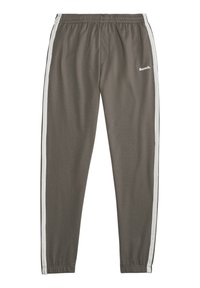Grijze sportbroek met een zachte textuur, voorzien van een elastische tailleband, witte zijstrepen en een klein wit logo.
