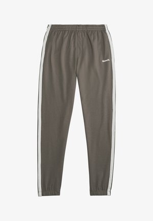 Graue Sporthosen mit weichem Material, ausgestattet mit einem elastischen Bund, weißen Seitenstreifen und einem kleinen weißen Logo.