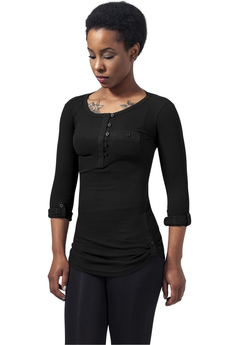 Urban Classics - LADIES LONG RIB POCKET TURNUP TEE - Long sleeved top - black, Enlarge