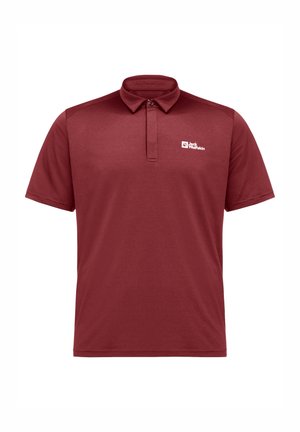 Burgundy polo shirt made of smooth fabric, featuring a collar and a two-button placket; includes a white logo on the left chest area.