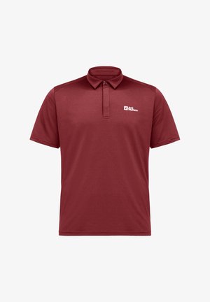 Burgundy polo shirt made of smooth fabric, featuring a collar and a two-button placket; includes a white logo on the left chest area.