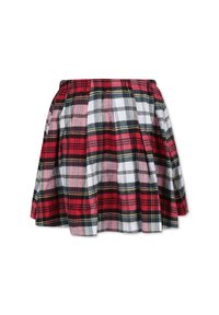 Gonna a quadri rossi con pieghe, caratterizzata da accenti neri, bianchi e gialli. Realizzata in tessuto morbido, ha un elastico in vita per il massimo comfort.