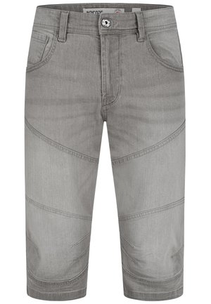 Gray denim shorts with a fitted design, featuring angled seams and subtle stitching accents on the front and pockets.