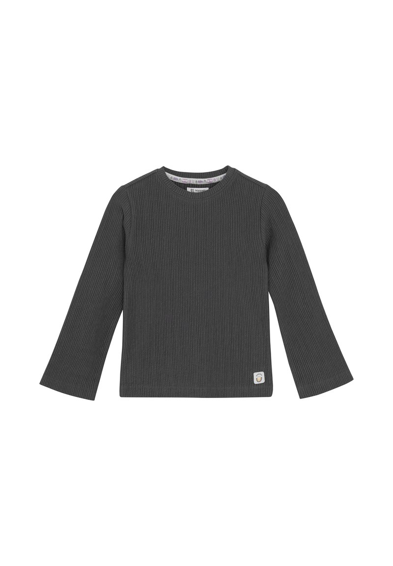 Ciemnoszara prążkowana koszulka z długim rękawem, okrągłym dekoltem i małą naszywką z logo w lewym dolnym rogu. Miękka faktura i dopasowany krój.