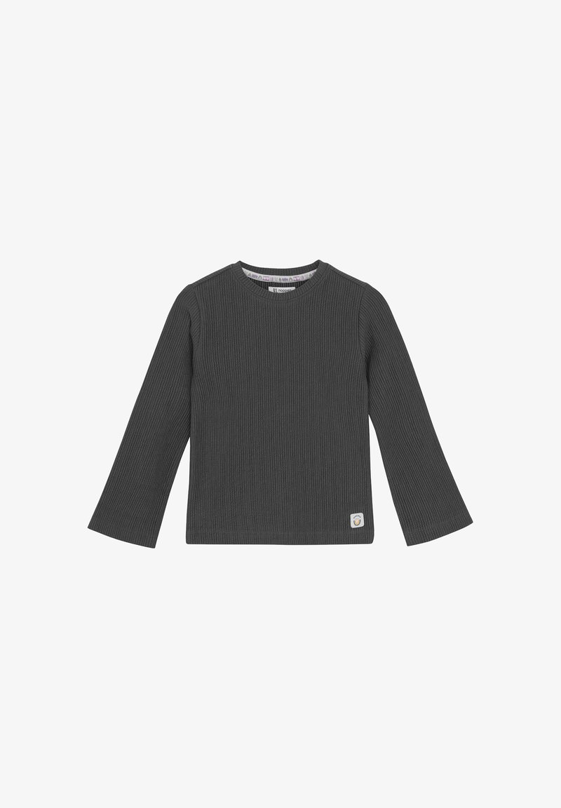 Ciemnoszara prążkowana koszulka z długim rękawem, okrągłym dekoltem i małą naszywką z logo w lewym dolnym rogu. Miękka faktura i dopasowany krój.