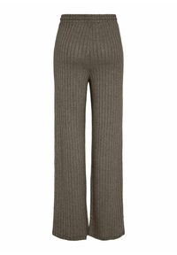 Pantalon large à rayures gris avec ceinture élastique. La texture du tissu présente des rayures verticales, créant une apparence douce et confortable.