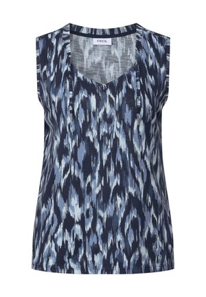 Haut sans manches bleu marine avec un décolleté en V, motif abstrait bleu clair et texture subtile. Conçu pour un ajustement facile et un confort optimal.
