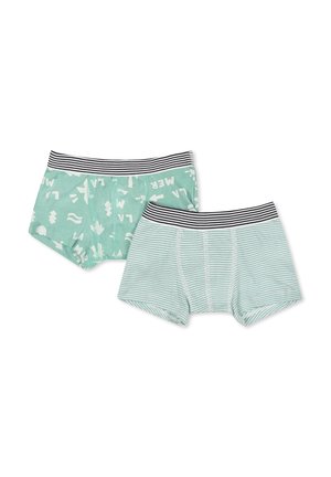 Deux paires de boxers pour garçons, l'une en vert menthe uni avec des graphiques blancs, l'autre en rayures menthe et blanches. Ceinture élastique rayée noire.