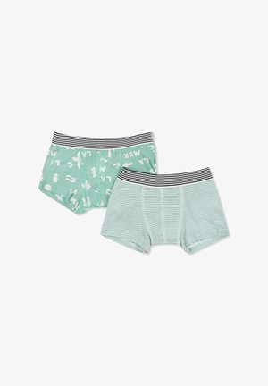 Due paia di boxer per ragazzi, uno in verde menta solido con grafiche bianche, l'altro a strisce verde menta e bianche. Vita elasticizzata con strisce nere.