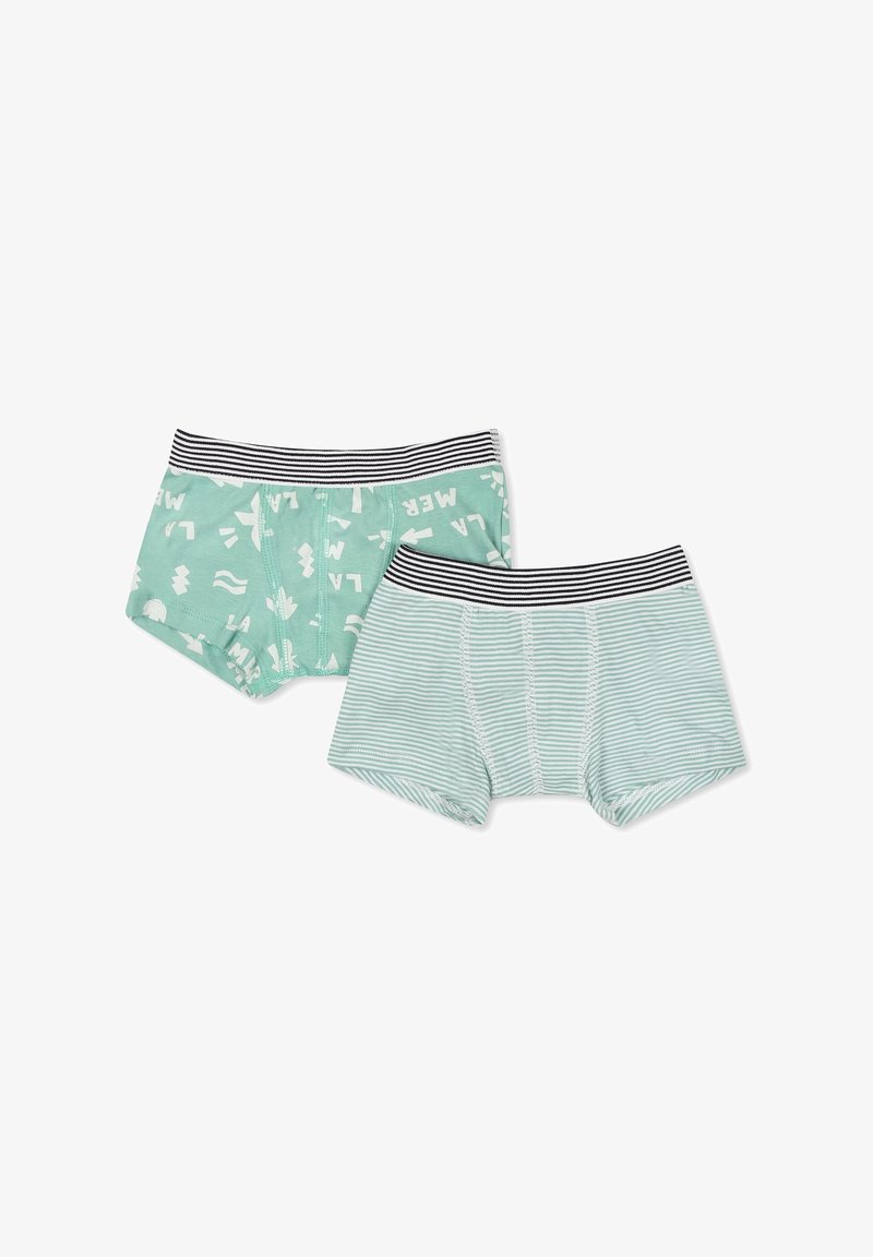 Deux paires de boxers pour garçons, l'une en vert menthe uni avec des graphiques blancs, l'autre en rayures menthe et blanches. Ceinture élastique rayée noire.