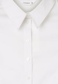 Camicia bianca in cotone con colletto classico, dotata di chiusura frontale con bottoni bianchi, etichetta che riporta "Terranova" con taglia "S."