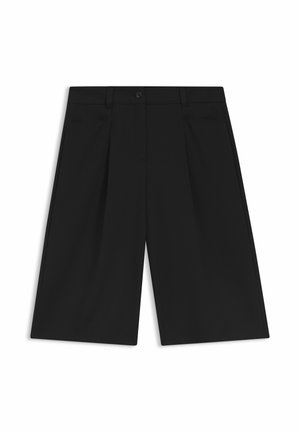 Sorte skræddersyede shorts lavet af glat stof. De har knaplukning, to sidelommer og frontplisseringer for ekstra detaljer.