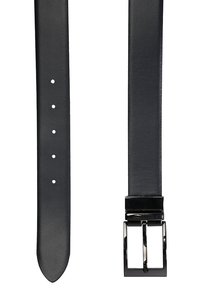 Black leather belt with a smooth finish, featuring five adjustment holes, and a rectangular black metal buckle.
