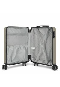 Hardshell suitcase in olive green with a two-compartment interior, gray lining, mesh pocket, and adjustable cross straps. Four spinner wheels.