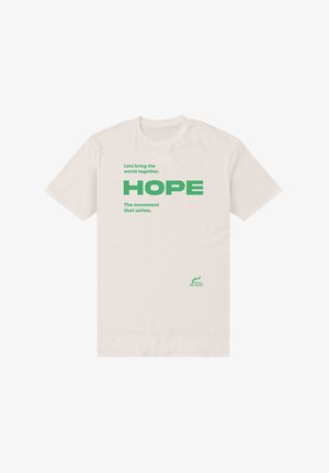 Maglietta beige con testo verde: "Uniamo il mondo. SPERANZA Il movimento che unisce." e un piccolo logo "Non-Violenza".