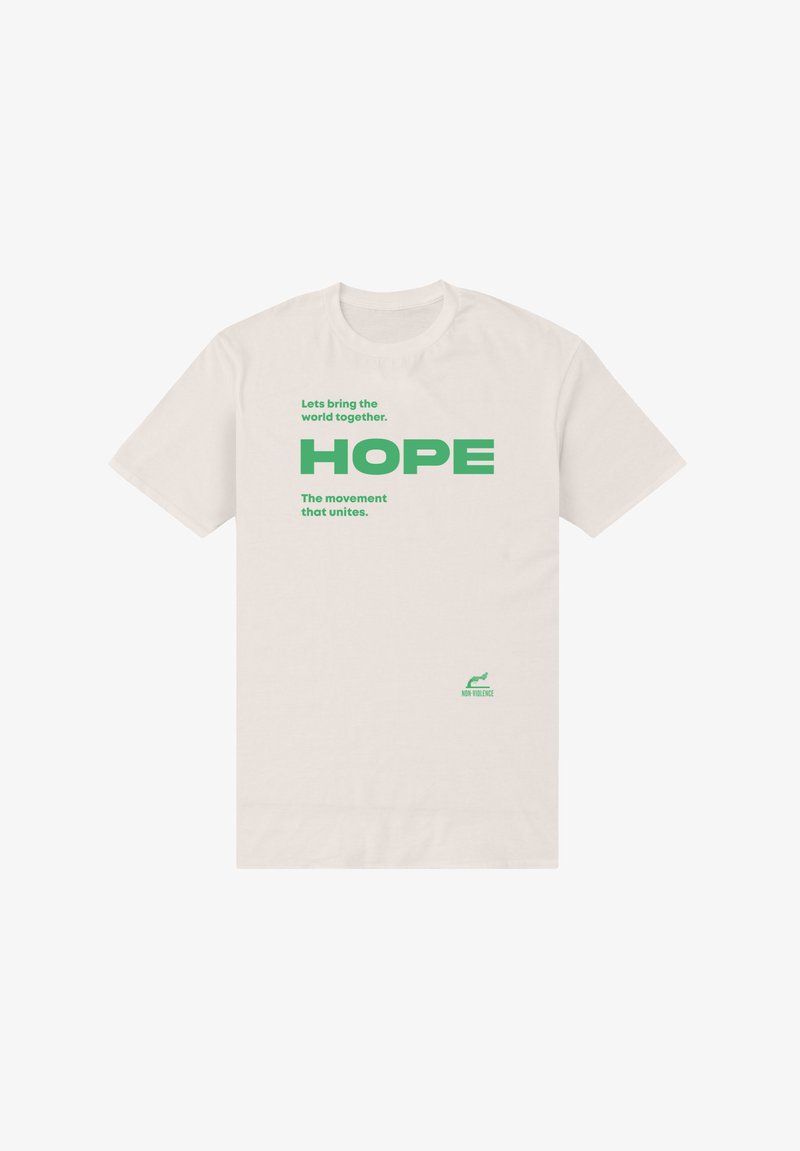 T-shirt beige avec texte vert : "Rassemblons le monde. ESPÉRANCE Le mouvement qui unit." et un petit logo "Non-Violence".