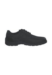 Schwarze Lederschuhe mit glatter Oberfläche, runder Zehenform, Schnürdesign und einer robusten Gummisohle mit ausgeprägtem Profil.