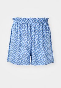 Blå shorts med elastisk midjeband, prydda med ett upprepande mönster av vit "HUGO"-text. Tyget ser slätt ut med en lätt väv.