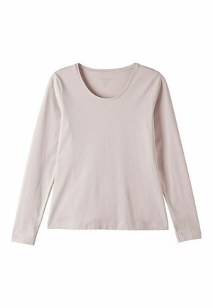 Light pink long-sleeve t-shirt featuring a round neckline, smooth texture, and side slits. Made from soft, stretchy fabric for comfort.