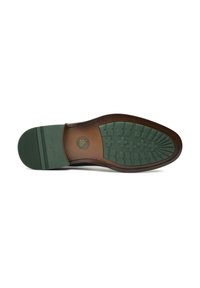 Brown leather shoe sole with green rubber bottom. Features textured grip patterns and a round logo at the heel. Stitched detailing is visible.