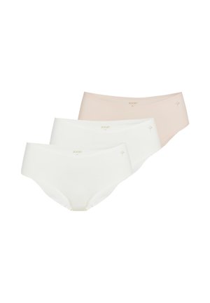 Kolmet naisten saumattomat hipster-alushousut beigenä ja valkoisena, jokaisessa pieni kukkakuvioinen logo ja kokomerkki painettuna vyötärönauhassa.