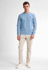 Felpa azzurro chiaro a girocollo in tessuto morbido, con polsini e orlo a costine. Abbinata a pantaloni beige e scarpe bianche.