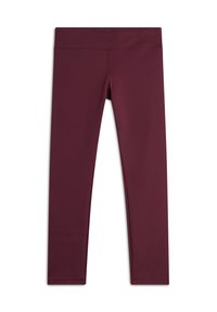 Leggings bordeaux realizzati in tessuto testurizzato, con una vita alta e un design aderente. Nessun motivo visibile o dettagli decorativi.