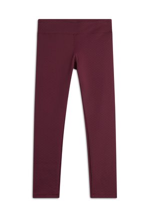 Leggings bordeaux realizzati in tessuto testurizzato, con una vita alta e un design aderente. Nessun motivo visibile o dettagli decorativi.