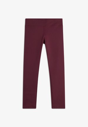 Leggings bordeaux realizzati in tessuto testurizzato, con una vita alta e un design aderente. Nessun motivo visibile o dettagli decorativi.