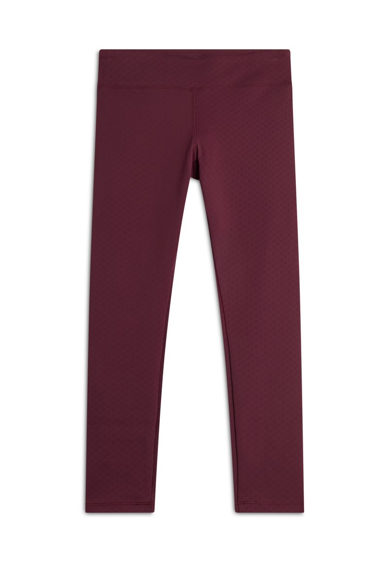 Leggings bordeaux realizzati in tessuto testurizzato, con una vita alta e un design aderente. Nessun motivo visibile o dettagli decorativi.