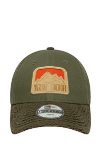 Olive green cap with a textured dark green brim, features a mountain-themed patch in orange and beige, labeled "NEW ERA OUTDOOR." Size: child, adjustable.