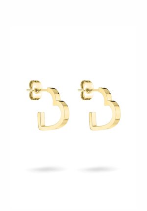 Gold hoop earrings with a distinctive open shape, featuring a smooth, polished surface and a post back for secure wear.