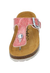 Pink glitter flip-flop sandal with a soft suede footbed, adjustable silver buckle, and a white outsole. Features toe post design.