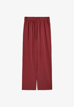 Bordowe spodnie o szerokich nogawkach, wykonane z miękkiego materiału, z elastycznym pasem, dwiema bocznymi kieszeniami oraz delikatną teksturą na całej powierzchni.