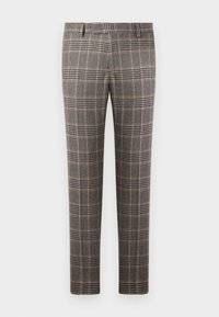 Gyapjú keverék nadrág barna és fekete kockás mintával, egyenes lábbal, lapos elülső résszel és övbújtatókkal.