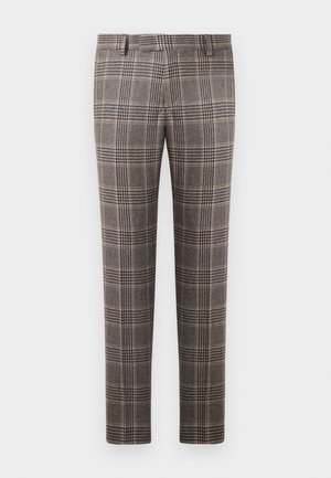 Gyapjú keverék nadrág barna és fekete kockás mintával, egyenes lábbal, lapos elülső résszel és övbújtatókkal.