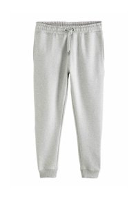 Grå sweatsuit bukser lavet af blødt materiale med elastisk talje, snøre og ribbede manchetter ved anklerne. Ingen synlige lommer.